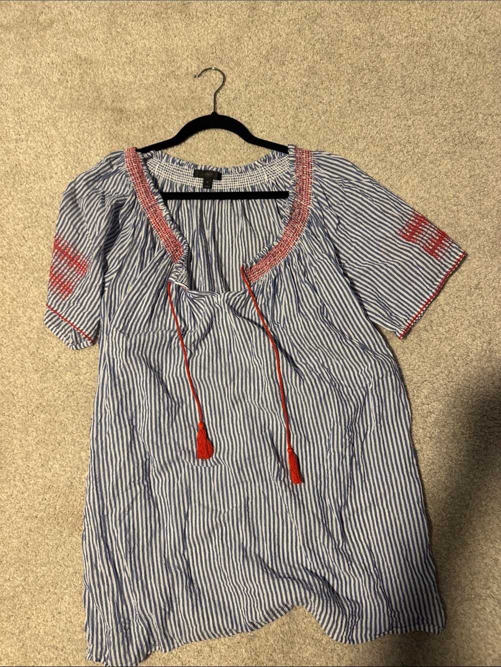 J. Crew Blue & White Striped Peasant Tunic with Red Trim